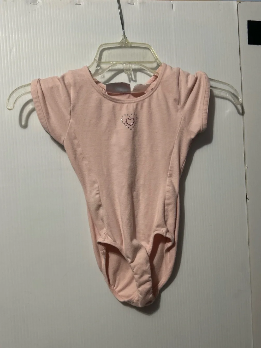 Danskin Pink Short Sleeve Girls One-Piece Leotard with Heart Rhinestones